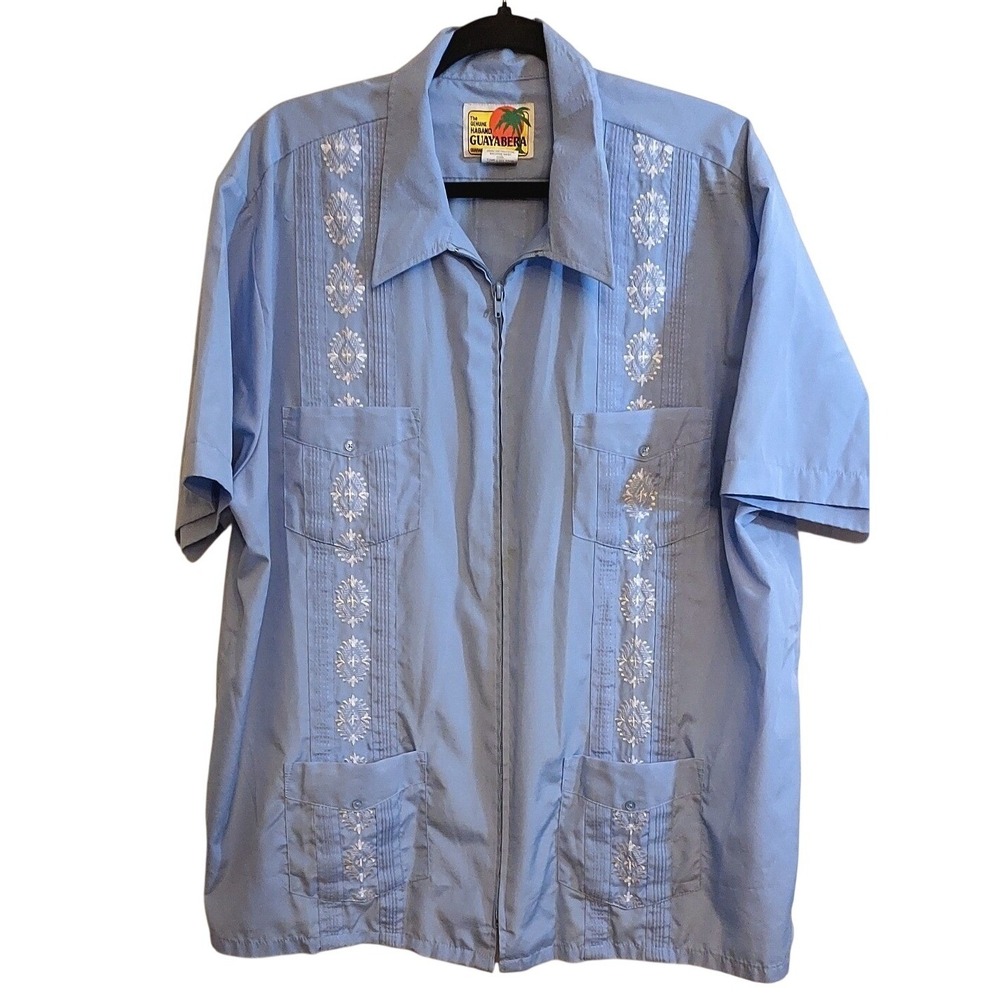 Haband Guayabera Shirt Mens XL Blue Short Sleeve Zip Front Embroidered 4 Pocket